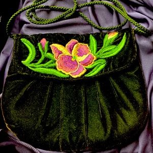 Black Velvet purse with beautiful Iris embroidered on flap.